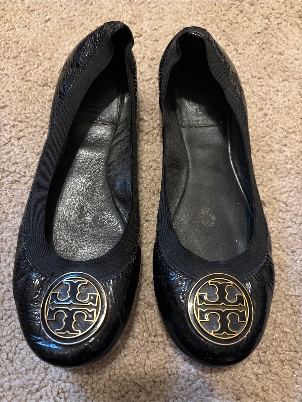 Tory Burch Black Patent Leather Logo Round-Toe Ballet Flats
